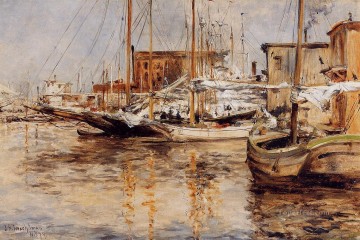 Boat Painting - Oyster Boats North River Impressionist seascape John Henry Twachtman